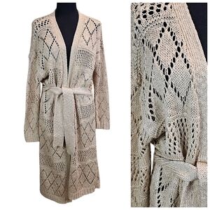 Mink Pink Womens Boho Chic Crochet Midi Belted Cardigan S M Beige Hippie Casual